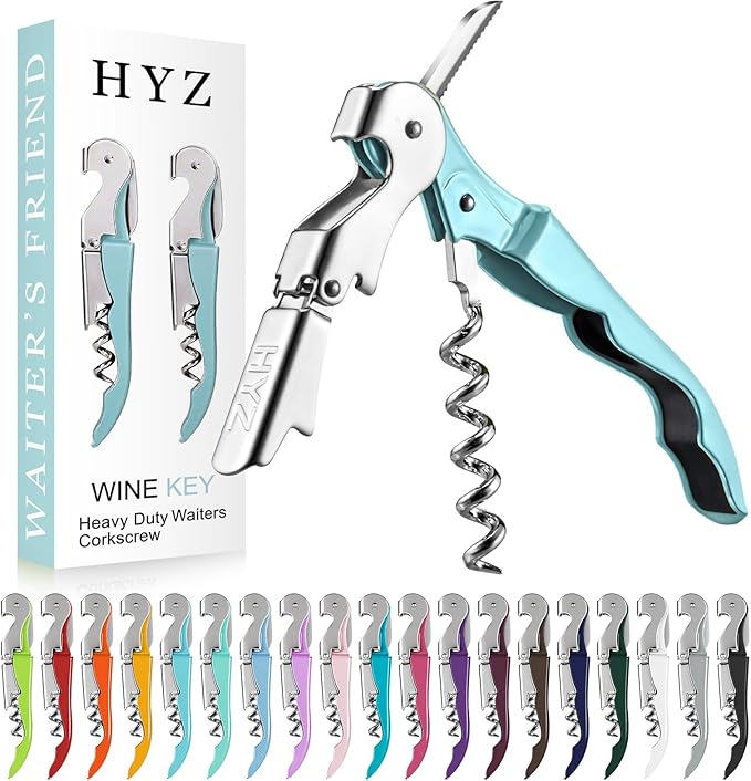HYZ 2-Pack Wine Opener Waiter Corkscrew, Professional Wine Key for Servers, Bartender with Foil Cutter, Manual Wine Bottle Opener Double Hinged (Aqua Blue)