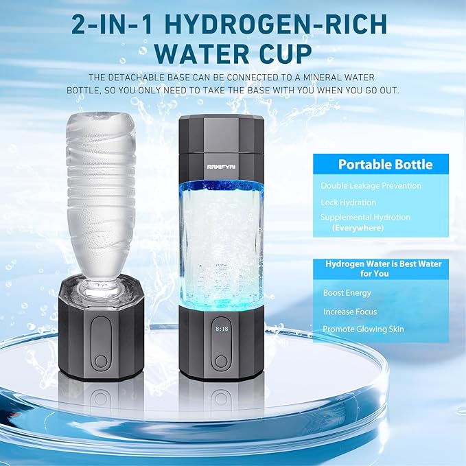 2024 New Upgrade 10000PPB Hydrogen Water Bottle Seven Colorful Light Double Anti-Slip and Leak-Proof Hydrogen Water Generator with Pressure Relief Valve-Gray
