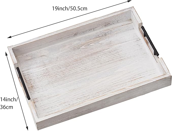 Ottoman Tray Large Serving Trays Farmhouse Decor Wooden Coffee Table Platter with Handles White Tray for Bed Kitchen Living Room 19 * 14Inch