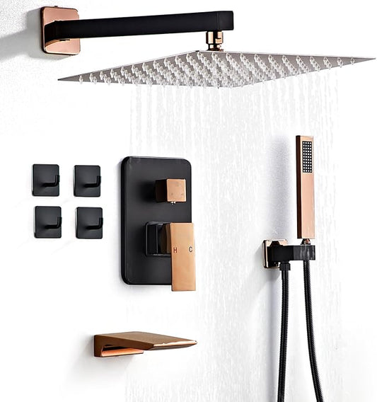 Shower Faucet Set Complete with Tub Spout Matte Black and Rose Gold Shower System with 10 inch Rainfall Shower Head and Handheld Shower Rain Shower Combo for Bathroom Wall Mounted