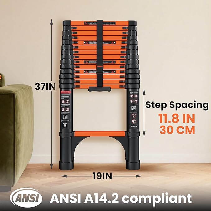 14.5 FT Telescoping Ladder, ANSI Certified, Type I Heavy Duty, 330lbs Max Capacity, Aluminum Extension Ladder for Home, Roof, RV; Orange