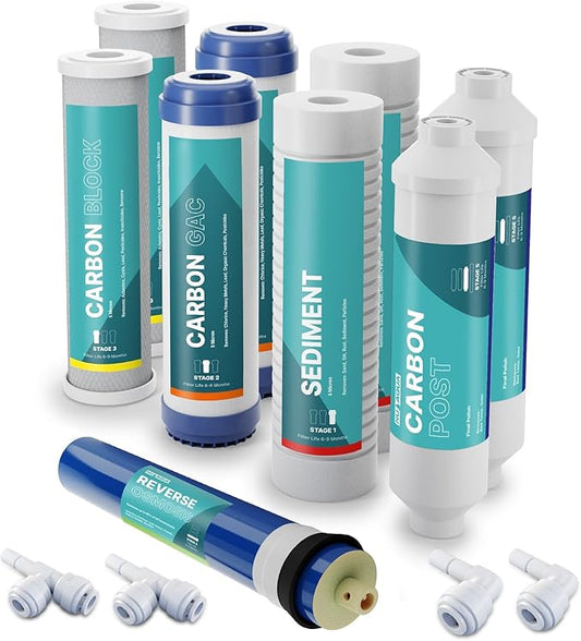 NU Aqua Reverse Osmosis Water Filter System Replacement Set - 5 Stage 1 Year Under Sink Kit - Includes Membrane, Sediment, Carbon Filters, Parts & Fittings - Universal RO Filtration Cartridge Pack