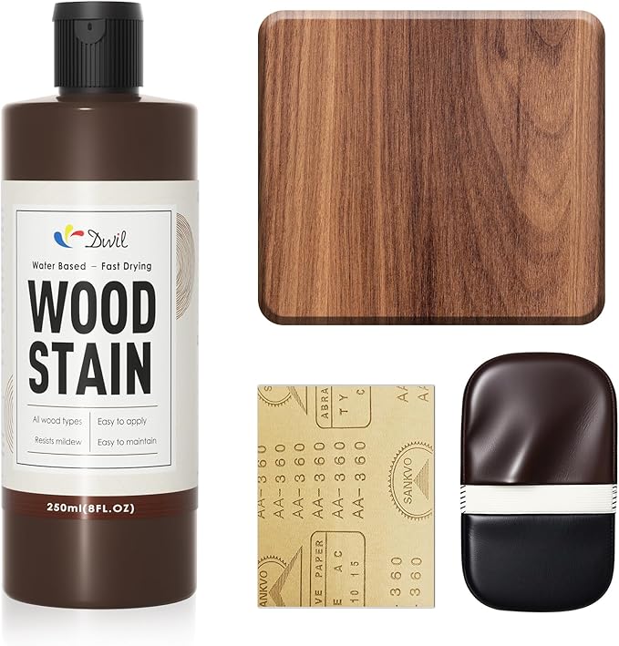 DWIL Water Based Wood Stain - Multiple Finishes, Fast Drying, Indoor and Outdoor Furniture, Wood Paneling, Cabinets and More, Low Odor ＆ Non-Toxic (8.5oz Teak)-with Tools