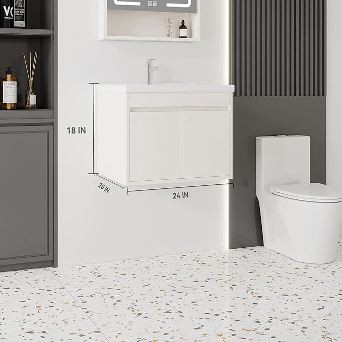 24'' Bathroom Vanity with Ceramic Sink Combo, Wall Mounted Small Bathroom Vanity with Soft-Close Door Modern Floating Cabinet, Pop-up Drain, P-Trap Included, Khaki(No Faucet)