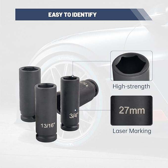 1/2" Drive 6 Point Deep Impact Socket Set 14 Piece 6 Point Impact Set Standard Impact Socket Set,SAE Sizes,CR-V(3/8-Inch to 1-1/14")