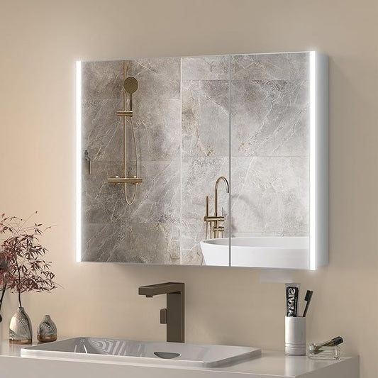 32x24 Inch Medicine Cabinet with LED Light Mirror, Brightneess Adjustable and Full-Assembled Bathroom Aluminum Cabinet with Storage, Surface or Recessed Tempered Cabinet, Farmhouse Sliver