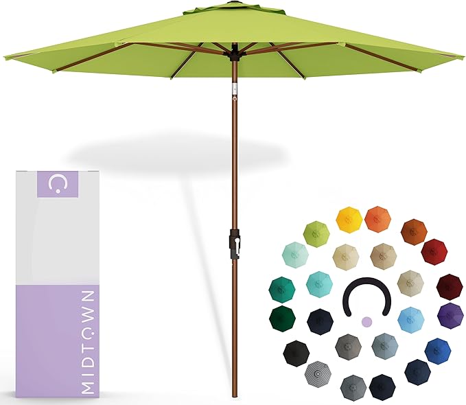 Midtown Umbrellas Sunbrella Umbrella Outdoor Patio Umbrella 2-8 Feet in Sunbrella Macaw Acrylic Fabric - Auto-Tilt Aluminum Frame For Backyard Umbrella, Deck Umbrella & Porch Umbrella - Wooden Pole