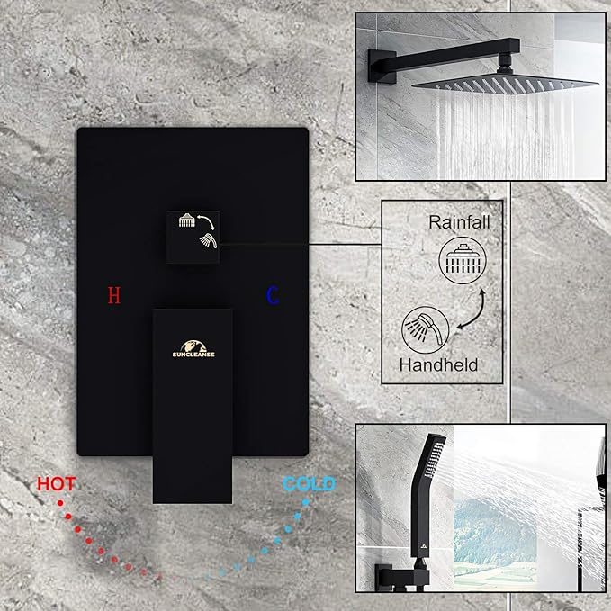 SunCleanse Shower System Rainfall Shower Faucets Set Matte Black, 10 Inch Wall Mounted Rain Shower Head with Handheld Spray Shower Valve and Trim Included