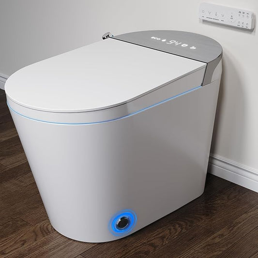 Luxury Smart Toilet with Bidet Built In, Auto Open & Close, Foot Sensor Flush, Heated Seat, Warm Water, Dryer, Tankless Dual Flush Elongated Toilet, Foam Shield, LED Night Light & Remote Control