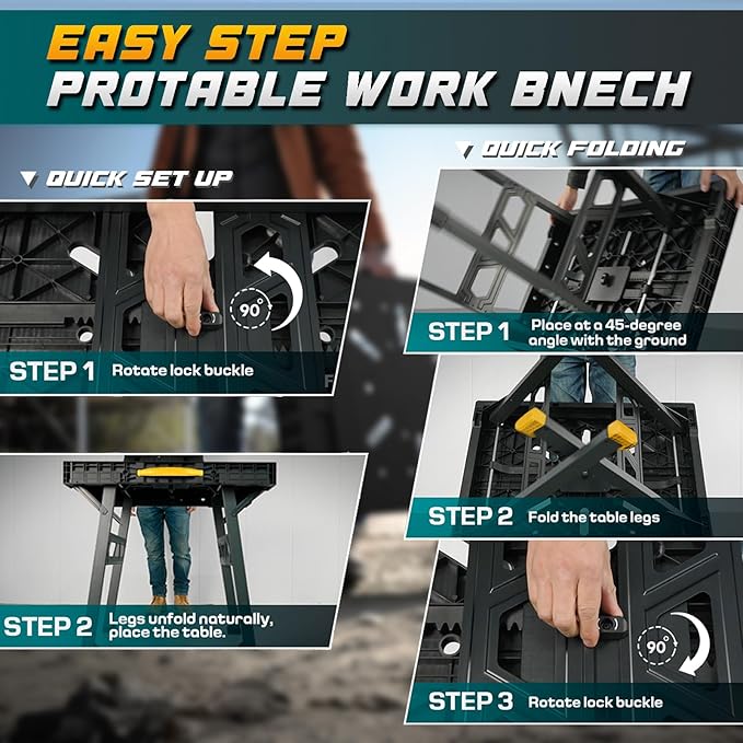 Foldable Work Bench,Easy Step Protable Work Table,34" W x 25" D x 31" H Lightweight Workbench wih 1650 LBS,Work Benches for Garage,Work Bench Suitable for Garage,Workshop and Home (Yellow)