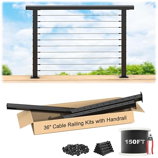 4.5FT Complete Set 36" Black Cable Railing Post Kit with Handrail Length Adjustable, 2pc Surface Mount Pre-Drilled Level Posts, Swageless Cable Railing System Kit, 150FT 1/8" Wire Rope,MY20-LP