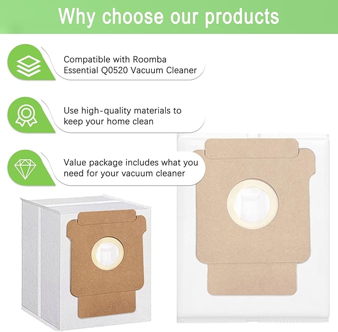 12 Pack Q0520 Vacuum Bags for iRobot Roomba Vacuum 2 Q0520 Essential Robot Vacuum Cleaner,Roomba 105 Combo,Plus 405 404 505 Combo Robot Vacuum Cleaner,Disposable Auto-Empty Dust Bin Bags