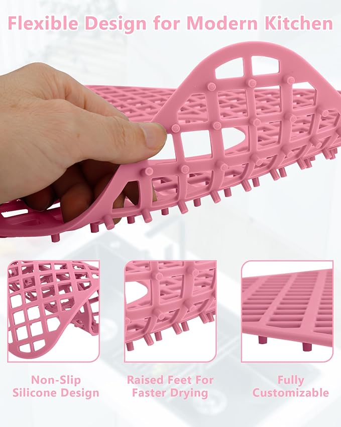 2 Pack Silicone Sink Protector for Kitchen Sink, Lozenge Pattern 12 x 11" Sink Grid Mat Silicone Protectors, Center Drain, Pink