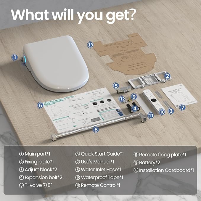 Tadashi Bidet Toilet Seat Elongated, Smart Heated Toilet Seat, Instant Warm Water & Dryer, Feminine & Rear Wash, Self-Clean Nozzle, Slow Close Lid, Child/ECO/Silent Mode