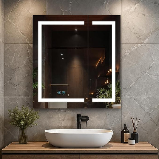 Blossom LED Mirror Medicine Cabinet with Lights, 30x32 Inch | LED Lighted Bathroom Medicine Cabinet | Recessed or Surface with Defogger, 3 Color Dimmer | Makeup Mirror | 3 Adjustable Glass Shelves
