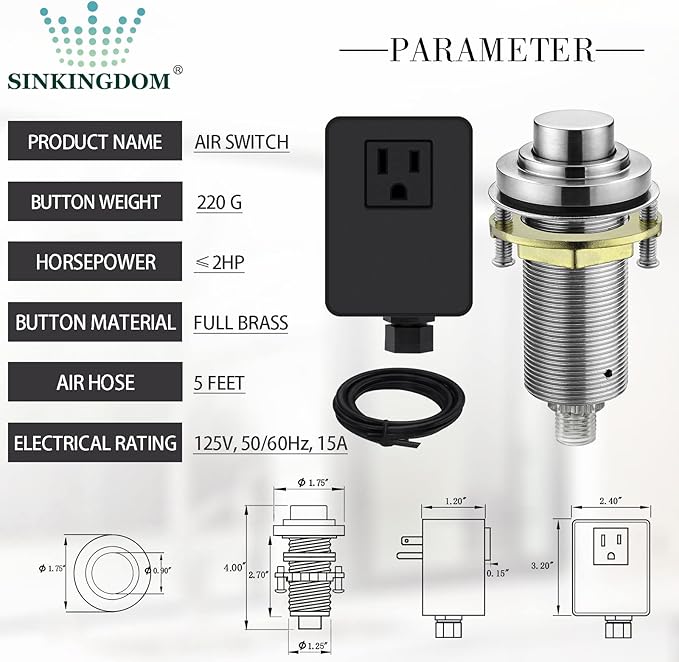 SinkTop Air Switch Kit (Long Full Brass Button) for Garbage Disposal, Cordless Brushed Nickel
