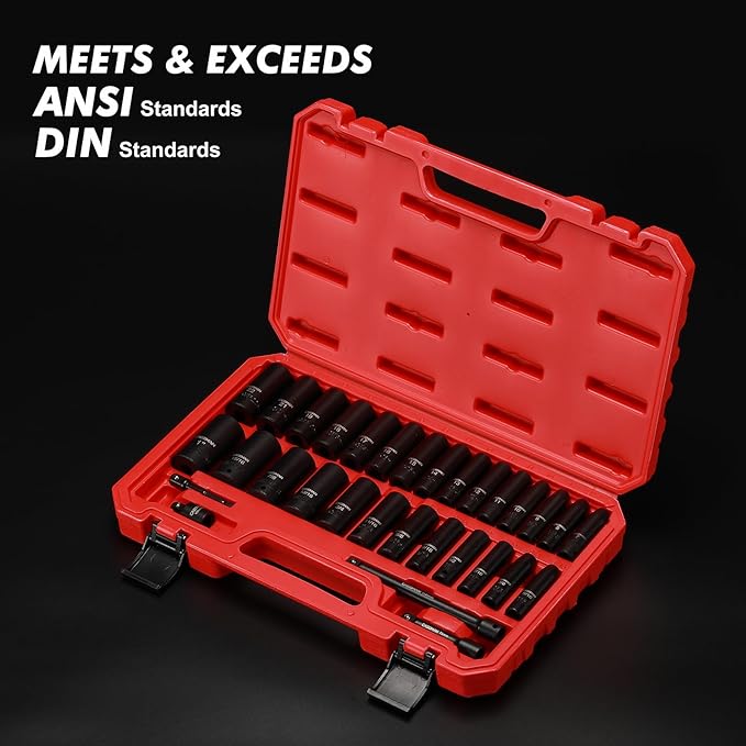CASOMAN 3/8-Inch Deep Impact Socket Set, Metric & SAE, 31Piece Socket Set, CR-V, Includes Extension Bar (3, 6-inch) & Adapters, Heavy Duty Storage Case