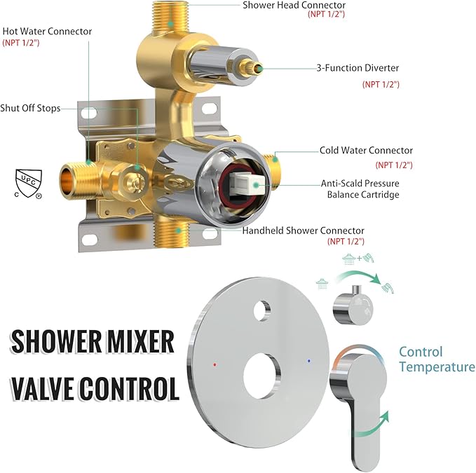 SR SUN RISE 12 Inch Shower System, Slide Bar Shower Faucets Sets Complete Round Shower Heads and 6-Spray Handheld Combo, Wall Mounted Dual Shower Set Included Valve and Trim Kit, Polished Chrome