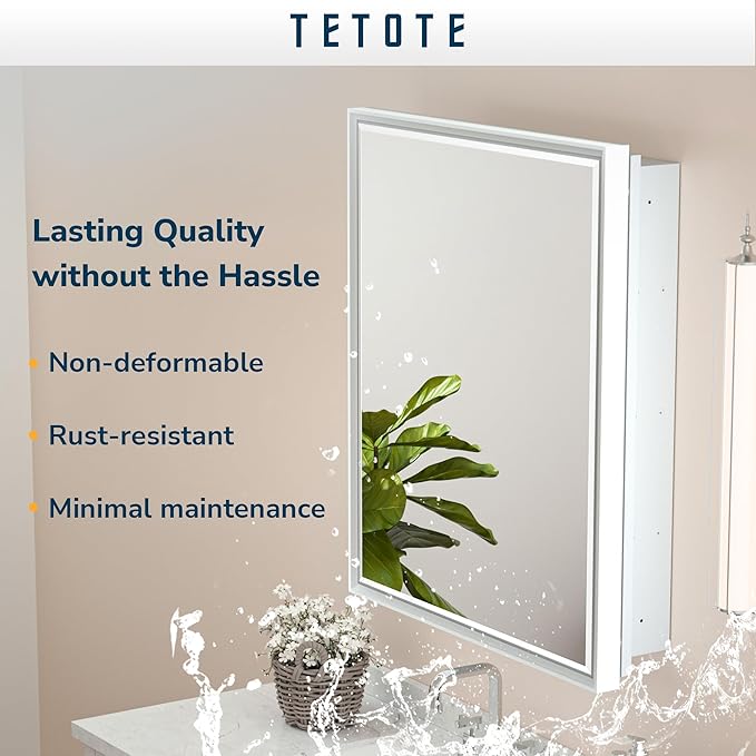 TETOTE Medicine Cabinet Mirror for Bathroom White Framed 17x25 Inch Aluminum Framed Surface or Recessed Wall-Mounted Medicine Cabinets Beveled Mirror with Storage 1 Door Modern Farmhouse
