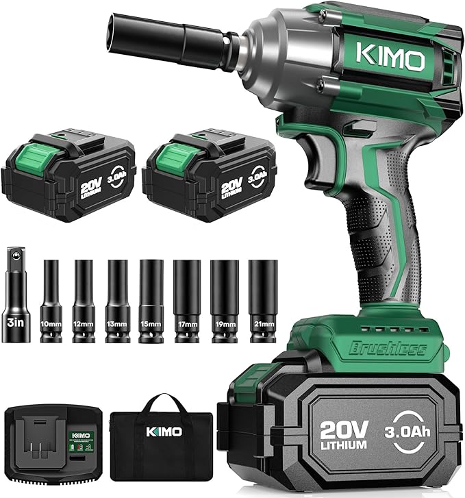 KIMO Impact Wrench 1/2 Cordless,550N.m/406ft-lbs Max Torque & 3000RPM, 2x20V 3.0Ah Battery, Impact Gun with 7 Drive Impact Sockets, 3 Inch Extension Bar, 1 Hour Fast Charger Impact Drill for Car Tires