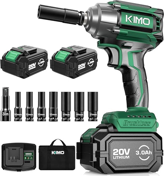 KIMO Impact Wrench 1/2 Cordless,550N.m/406ft-lbs Max Torque & 3000RPM, 2x20V 3.0Ah Battery, Impact Gun with 7 Drive Impact Sockets, 3 Inch Extension Bar, 1 Hour Fast Charger Impact Drill for Car Tires