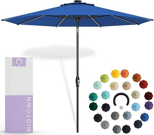 Midtown Umbrellas The LED Swilt 10 Feet Patio Umbrella With Sunbrella Dark Blue Acrylic Fabric - Auto-Tilt Aluminum Frame With LED Lights For Backyard, Deck, Garden, Pool - Black Pole