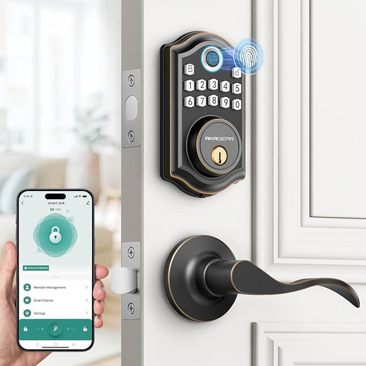 DS10 Pro Keyless Entry Door Lock with Handle - 2 Lever Handles, Bluetooth APP Control, Fingerprint Door Locks, Electronic Keypad Deadbolt Lock, Smart Doors Lock, Auto-Lock, Oil Rubbed Bronze