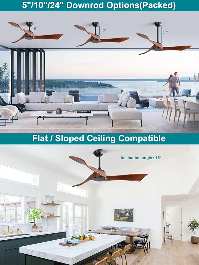 Sofucor 52" Ceiling Fan no Light, Outdoor Ceiling Fan Without Light Wood Ceiling Fan with Remote Control, 3 Blade Ceiling Fan with Quiet Energy Saving Motor, 6 Speeds, Brown Wood