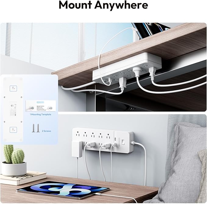 NTONPOWER 25 Ft Extension Cord, 2100J Surge Protector Power Strip with 10 Widely Spaced Outlets 2 USB Ports, Overload Protection, Wall Mountable for Indoor, Home, Office or Garage,White