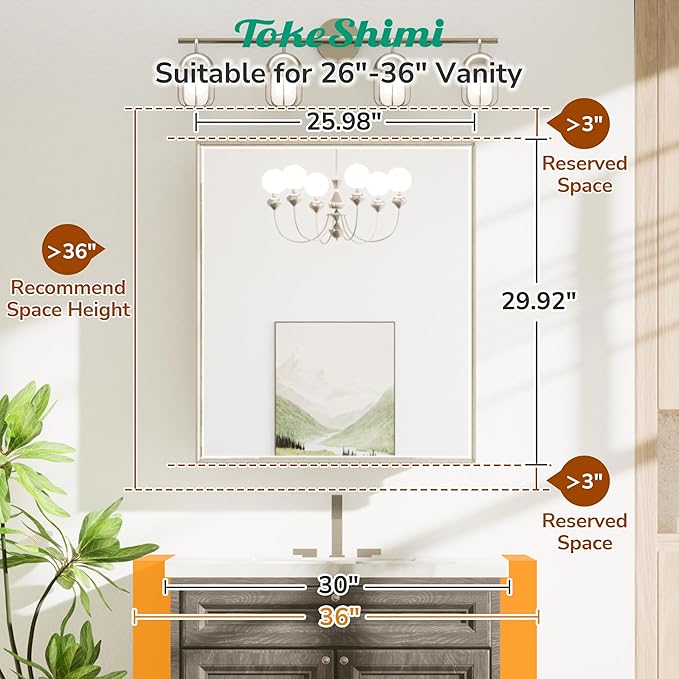 TokeShimi 26x30 Recessed or Surface Mounted Medicine Cabinet Mirror, Aluminum Framed Metal Mirror with Storage Adjustable, Brushed Nickel Bathroom Medicine Cabinet Mirrored Beveled Modern