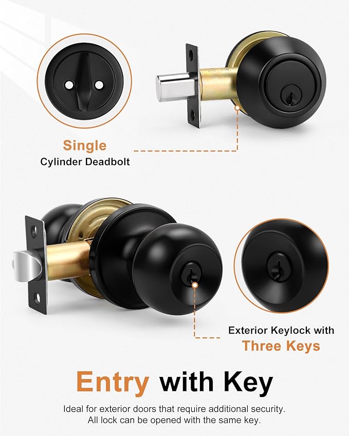Probrico Keyed Alike Entry Door Knobs Lock Set and Single Cylinder Deadbolt Combination Set, Flat Black Exterior Front Door Locks,3 Pack