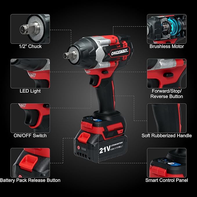 21V Cordless Impact Wrench 1/2" 800N.m (590Ft-lbs), Professional Brushless Impact Gun w/ 2×4.0Ah Batteries, Fast Charger, 3300RPM & LED Light for Auto/Home DIY/Repair/Deck