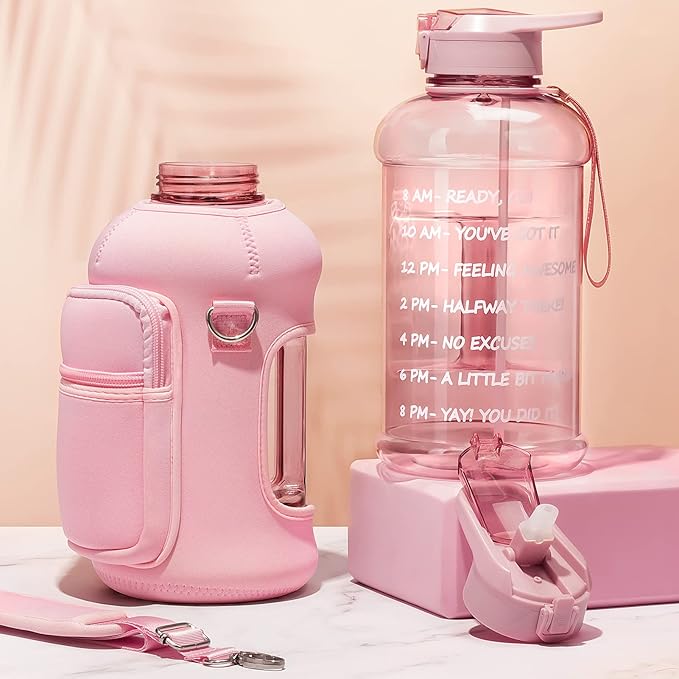 Fimibuke Half Gallon Water Bottle with Sleeve 64 OZ Water Bottle with Handle & Straw Leakproof Motivational Sports Gym Water Bottle with Time Marker BPA Free Water Jug with Reusable Neoprene Holder