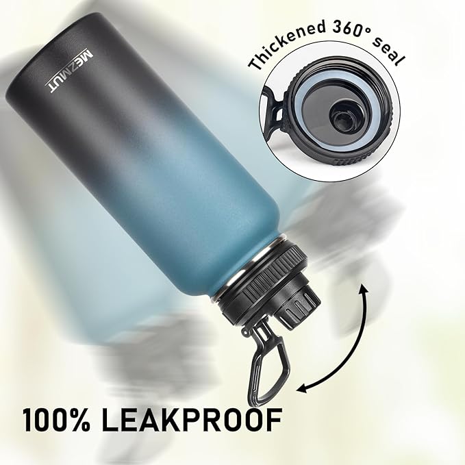 Stainless Steel Water Bottles 32oz Insulated Water Bottle with Straw&3 Lids Double Walled Sports Metal Thermos Water Bottle Cup Leak-Proof Vacuum Insulated Bottles Travel (Gradient Blue Black)