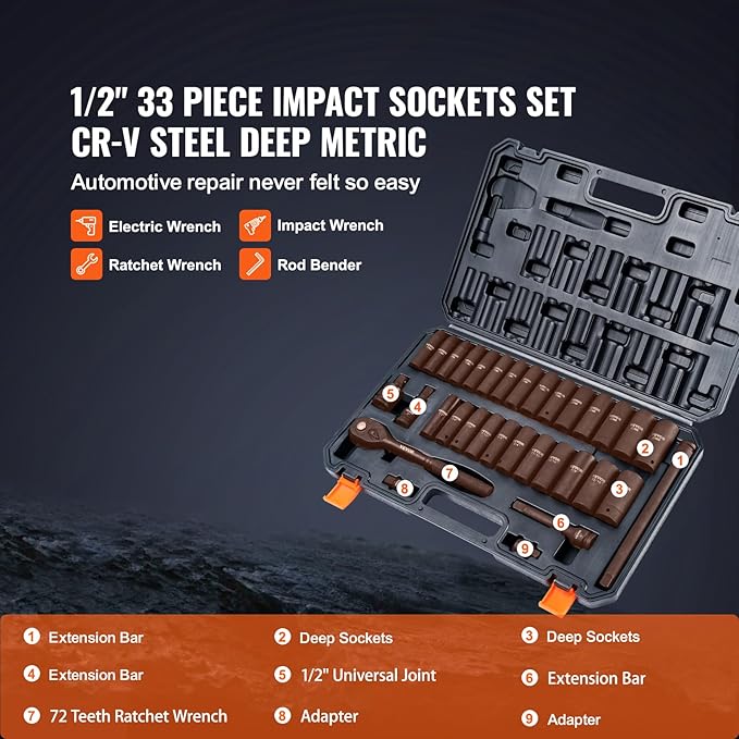 VEVOR Impact Socket Set 1/2" Drive, 33-Piece SAE (3/8 to 1 inch) & Metric (10 to 24 mm) Size, CR-V, 6 Point Standard Deep Socket Set with Extension Bar, Universal Joint, Adapter, Reducer
