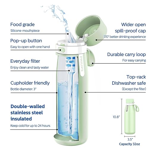 PHILIPS GoZero Everyday Insulated Stainless Steel Water Bottle Everyday Tap Water Filter BPA Free Transform Tap Water into Healthy Tastier Water Keep Drink Hot/Cold, 32 oz, Green