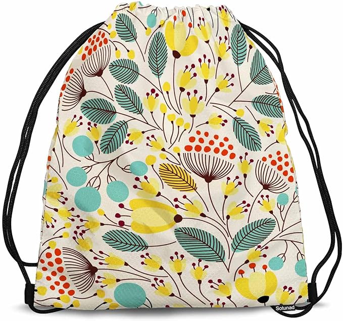 Floral Pattern Beautiful Yellow Flower Green Leaf Red Stamen Drawstring Backpack Gym Backpack Draw String Shoe Swim Back Bag for Women Men 14x16.9 Inch