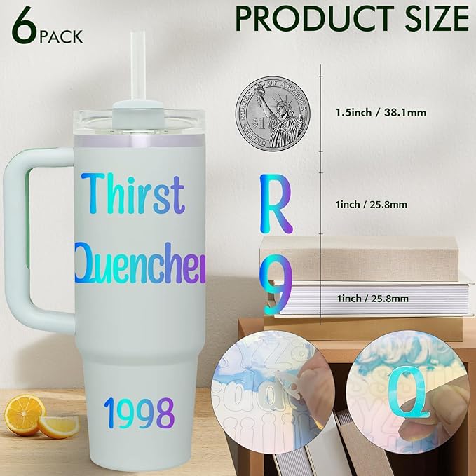 6 Pack Shiny Alphabet Stickers for Stanley Cups, Waterproof Colorful Self Alphabet Letters Sign Decor for Tumbler Water Bottle Desk Laptop Bag Classroom Gifts