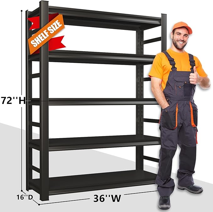Heavy Duty 5-Tier Garage Shelf Steel Unit 3000lb Capacity | Garage & Basement Storage | Industrial Metal Shelving for Warehouse Workshop | Adjustable Rust-Resistant (72"H x 36"W x 16"D, Black)