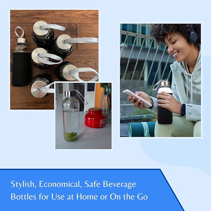 SureSave Glass Water Bottles with Stainless Steel Lids and Sleeves | 16 Oz Reusable Glass Bottles with Carrying Loop for Eco-Friendly Travel Drinks and Beverages (6 Pack)