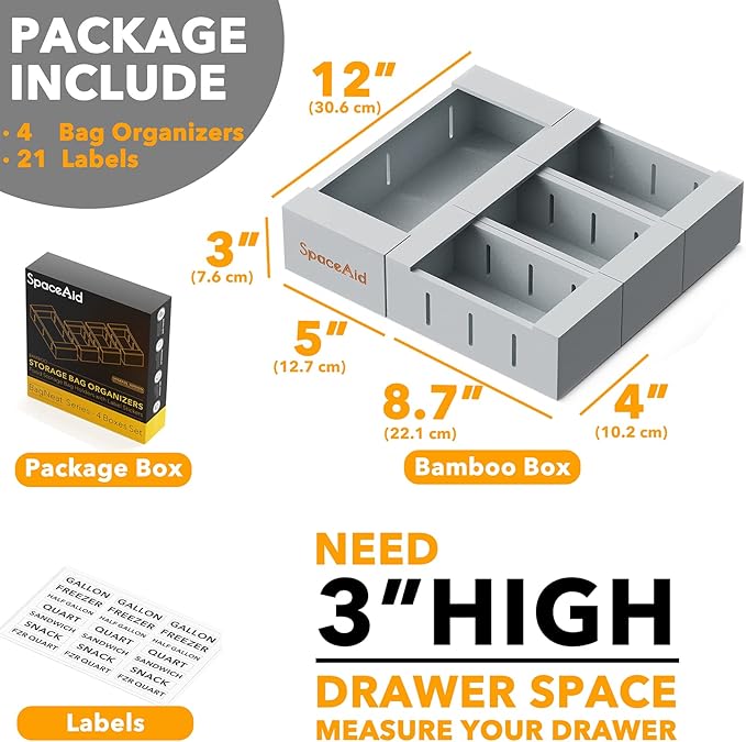 SpaceAid Bag Storage Organizer for Kitchen Drawer, Bamboo Organizer, Compatible with Gallon, Quart, Sandwich and Snack Variety Size Bag (4 Pack), Gray