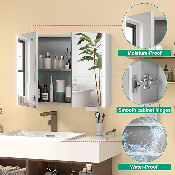 36x28 Medicine Cabinet with Light, AL Alloy Frame, Full-Assembled Bathroom Mirror Cabinet with Brightness Adjustable and Storage, Led Medicine Cabinet Mirrored with Recessed or Wall Mount, Sliver