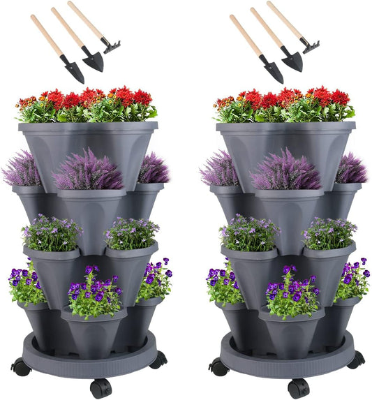 Vertical Planter 4 Tier Stackable Planters Garden Planters Strawberry Herb Flower and Vegetable Planter Indoor Outdoor Gardening Pots with Removable Wheels and Tools