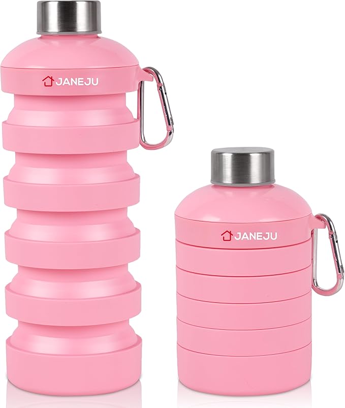JaneJu Collapsible Water Bottle, 32oz BPA Free Silicone Reusable Portable Lightweight Foldable Water Bottles with Carabiner, Leak Proof Sports Water Bottle with Stainless Twist Cap (Pink)