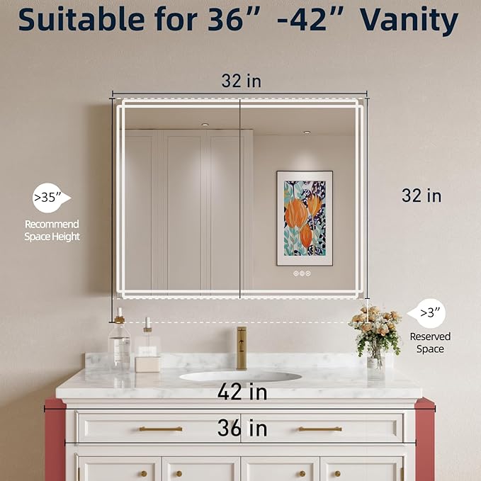 Buruis 32'' x 32'' Medicine Cabinet with Lights and Mirrors, Recessed or Wall Mounted Modern Bathroom Cabinet with 3-Mode Light, Anti-Fog, Dimmable, Memory Function, Outlet, Silver