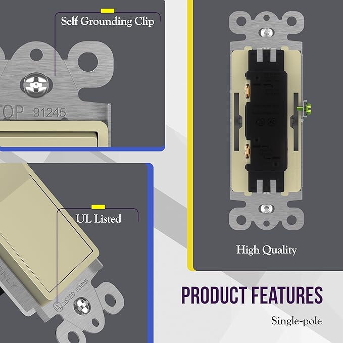 ENERLITES Momentary Contact Decorator Light Switch for Garbage Disposals, Spring Release Paddle, 120-277VAC 15A, Single-Pole, UL Listed, 91245-I, Ivory