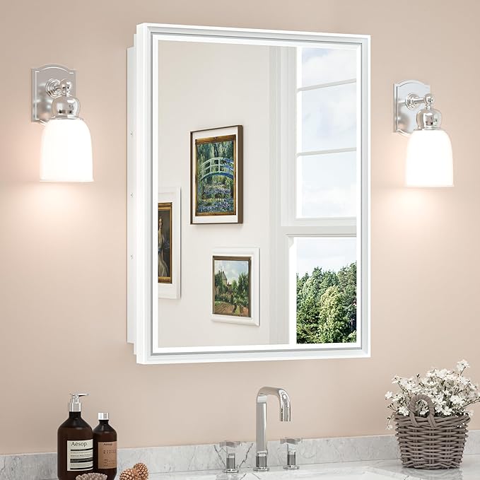 TETOTE Medicine Cabinet Mirror White Framed 21 x 27 Inch Aluminum Framed Surface or Recessed Wall-Mounted Bathroom Medicine Cabinets Beveled Mirror with Storage 1 Door Modern Farmhouse