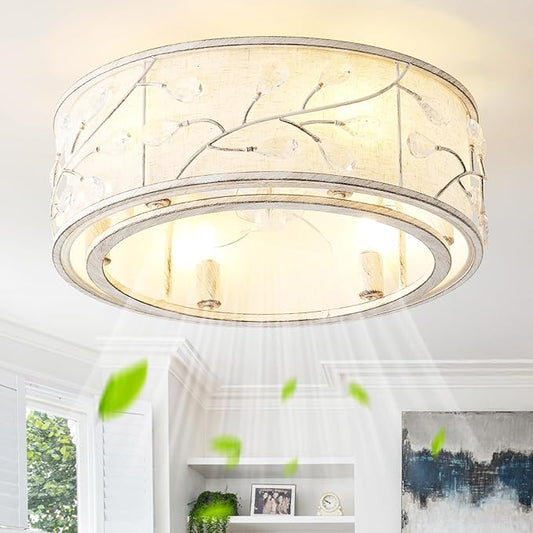 20 Inch White Crystal Ceiling Fan with Light, Caged Crystal Ceiling Fan with Light Remote Control, Flush Mount with 6 Speeds for Bedroom, Nursery, Living Room (6 E12 Bulb Includ) (White)