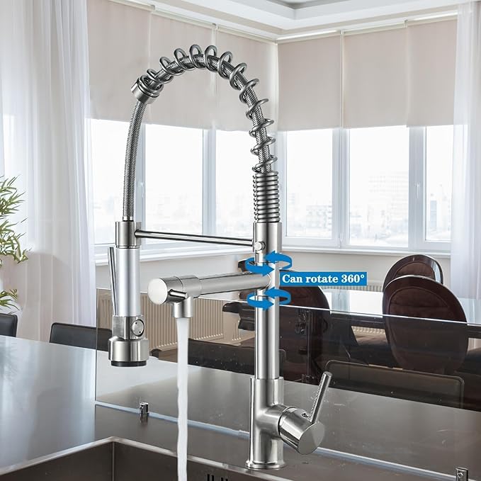 Commercial Kitchen Faucet with Pull Down Sprayer, Brushed Nickel Kitchen Sink Faucet with Pot Filler,Dual Spout Spring Stainless Steel Kitchen Faucets Pull-Out Kitchen Faucet for RV, Farmhouse, Camper