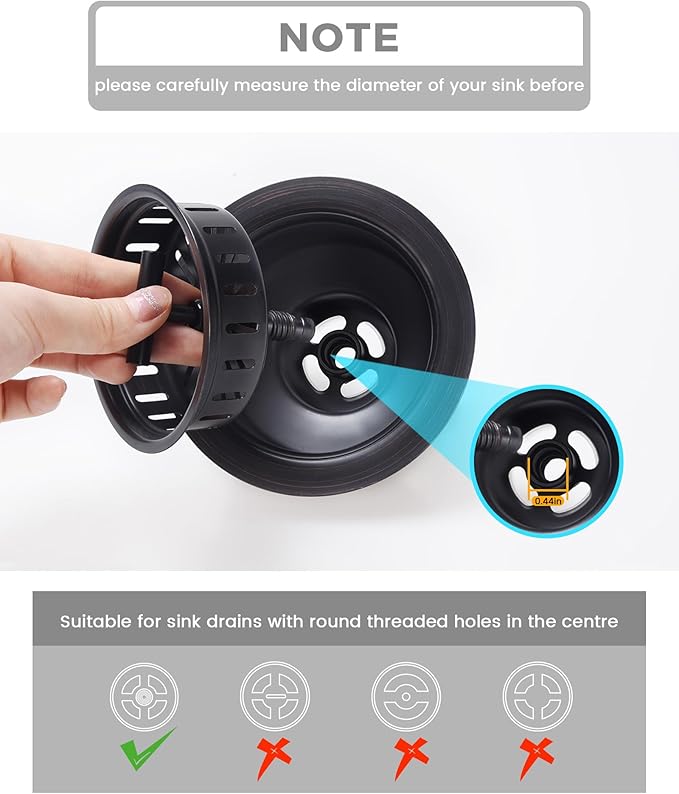 KONE Kitchen Sink Stopper Strainer Replacement for KONE 9171 Standard 3-1/2 Inch Spin and Seal Drains with Threaded Stopper Function, Stainless Steel Black Twist Lock Basket Strainer Replacement